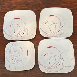 Corelle Splendor Square Dinner Plates with Red and Gray Swirl
